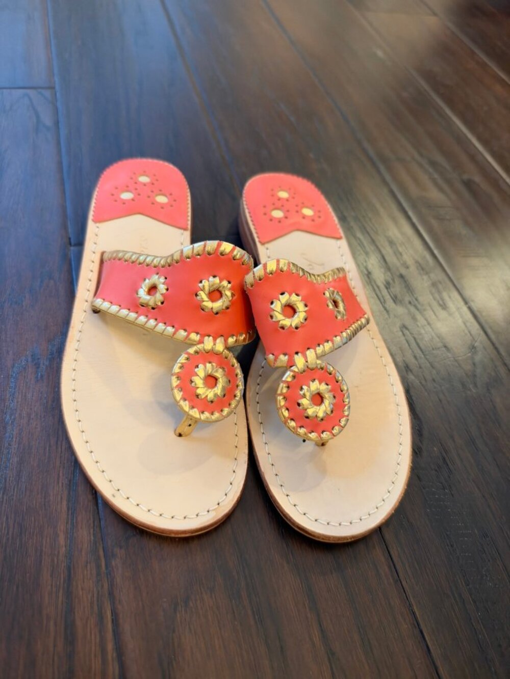 Jack Rogers Jacks Flat Sandals — Coral with Gold Trim, Size 8